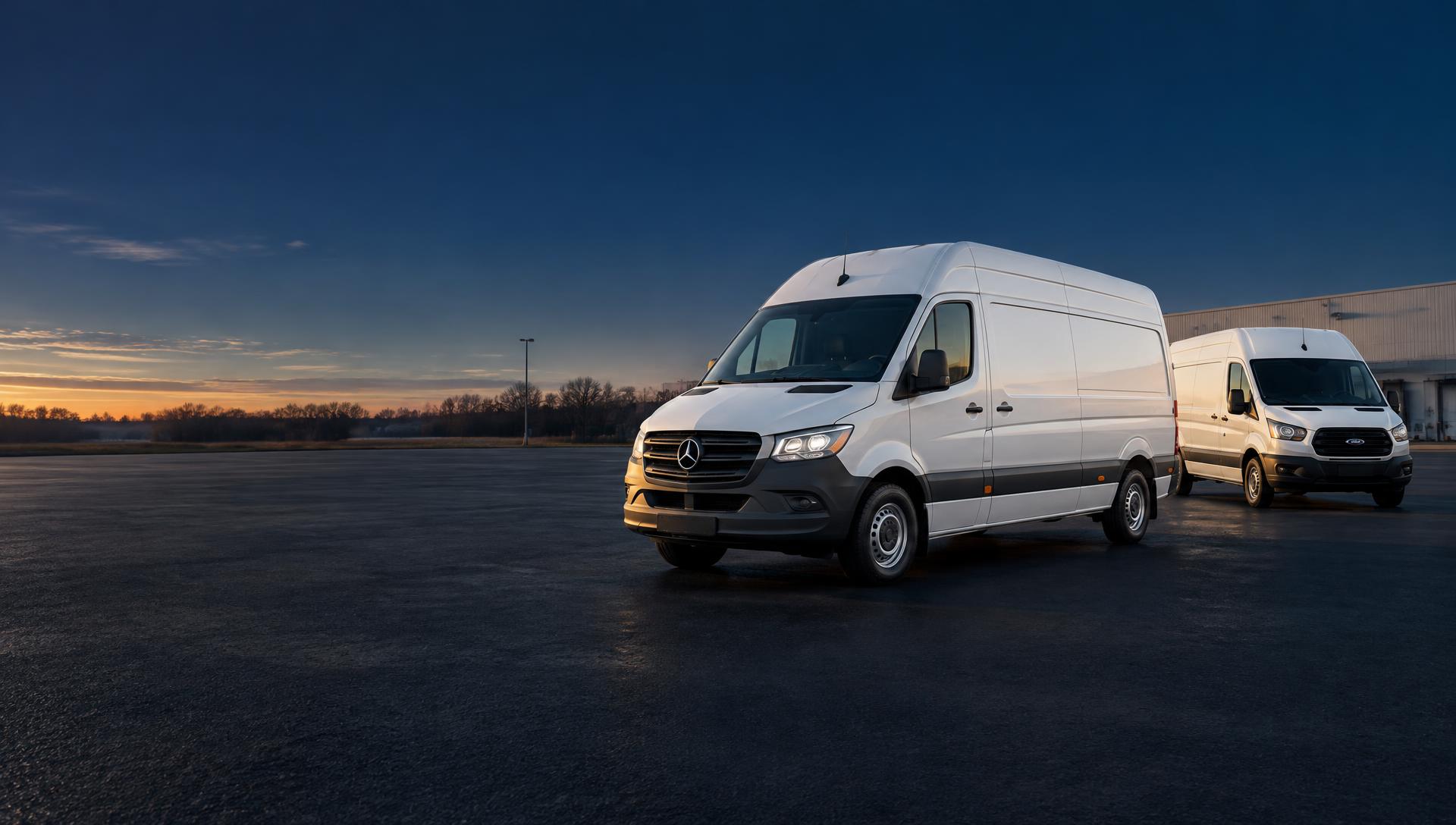 White high-roof cargo vans at a logistics depot